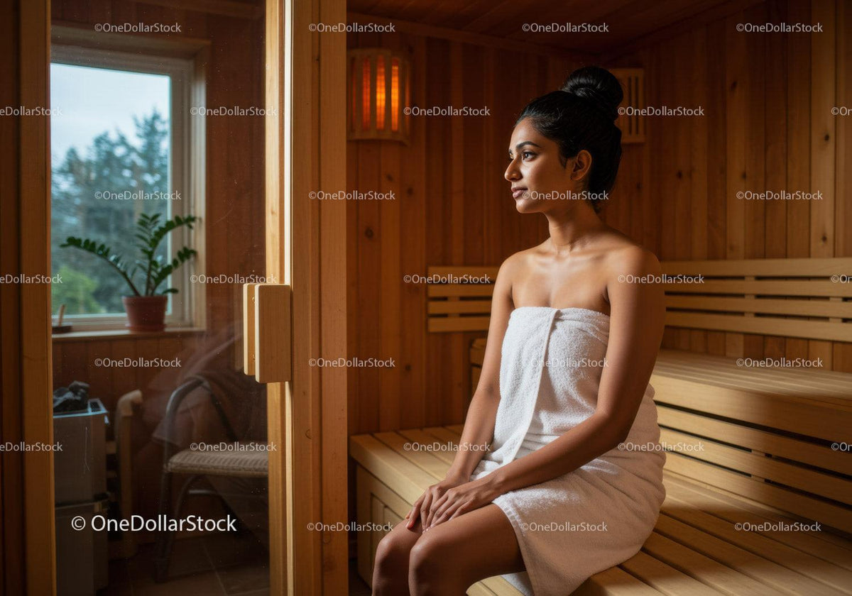Relaxing Woman Sitting in Wooden Sauna Room with Towel