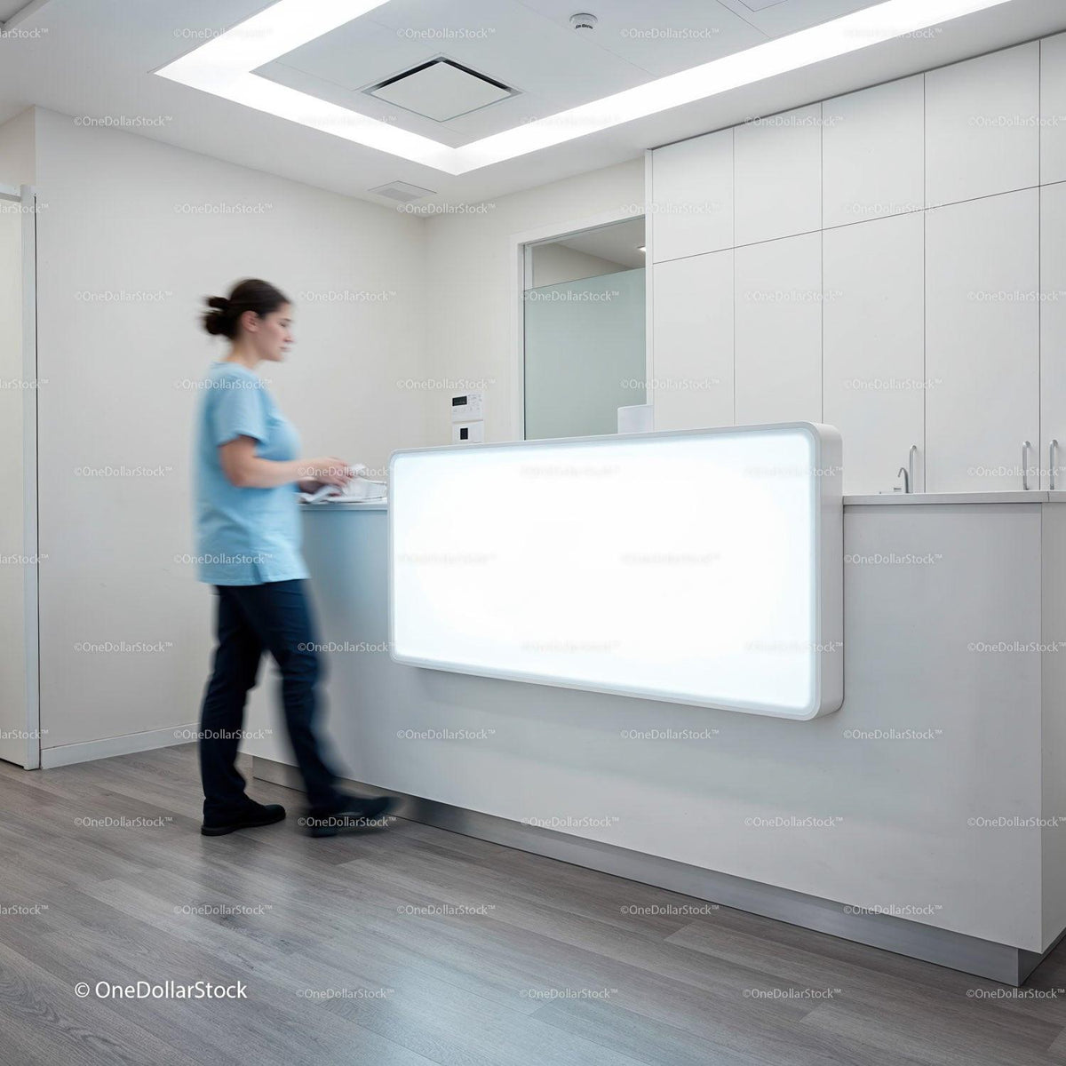 Healthcare worker walking at modern clinic reception desk JPG Mockup Image preview
