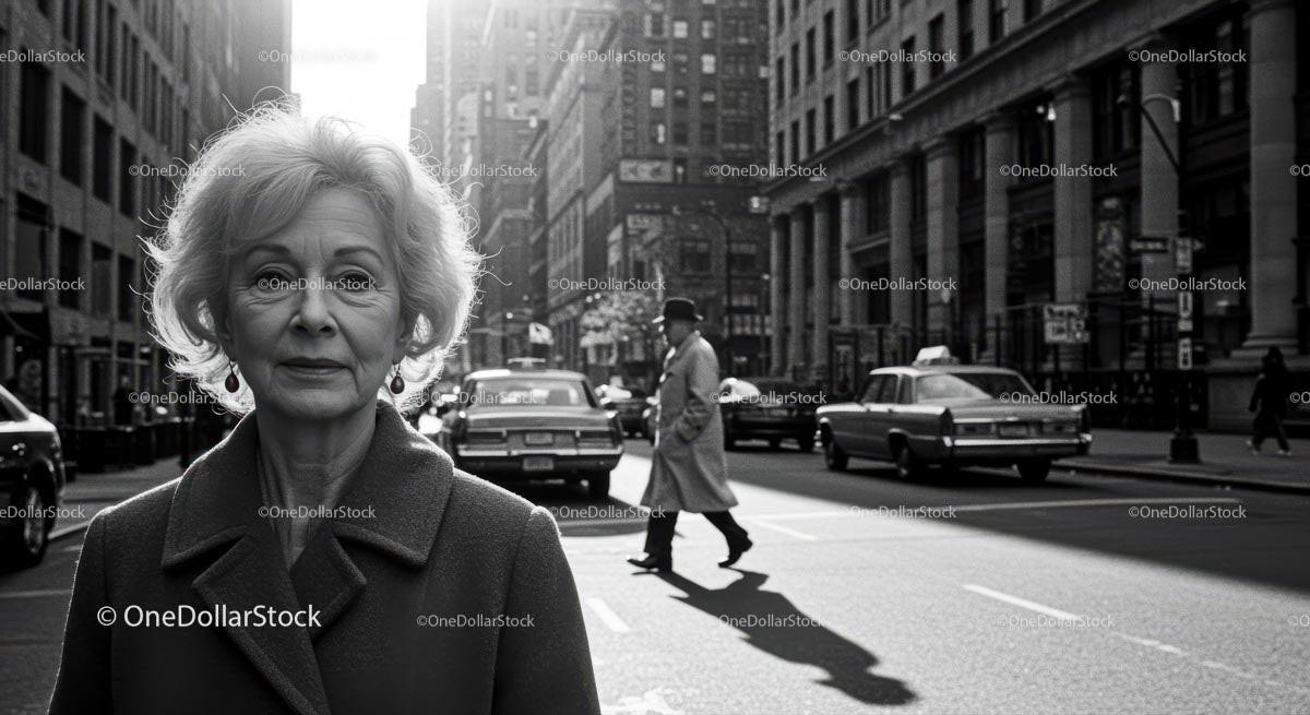 Elegant Elderly Woman Walking Through City Street in Black and White