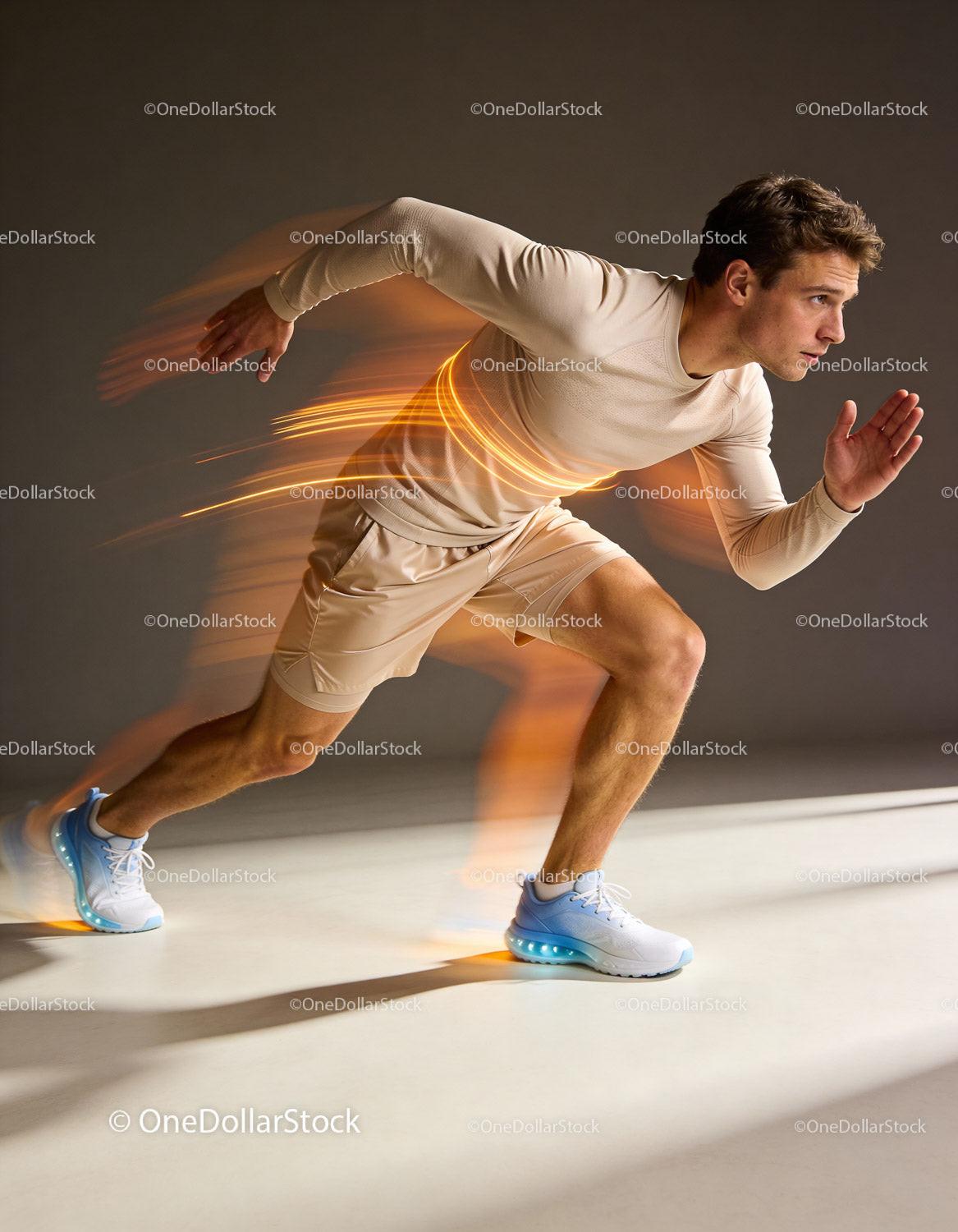 Athlete sprinting with dynamic motion effect in studio