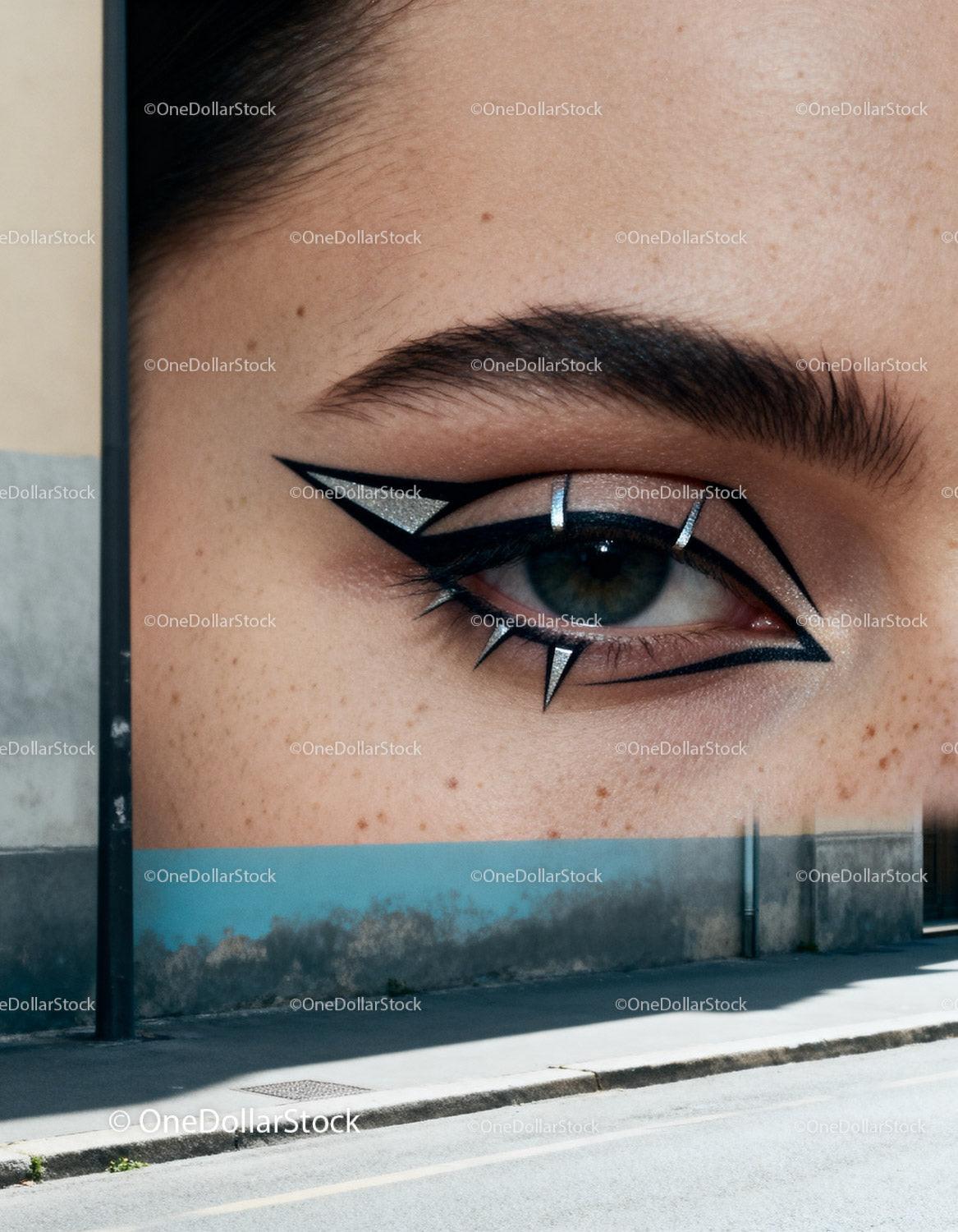 Creative geometric eye makeup on mural wall art