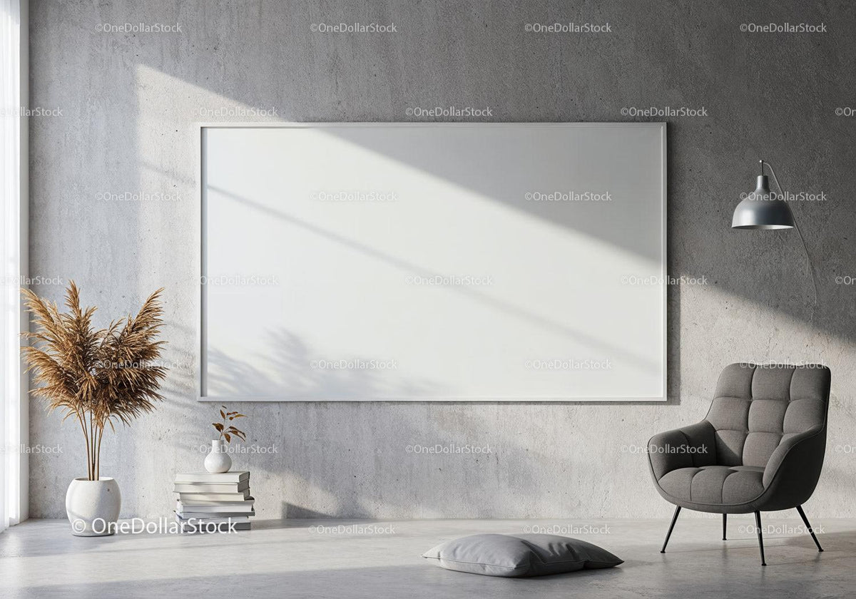 Minimalist living room with gray armchair and wall art JPG Mockup Image preview