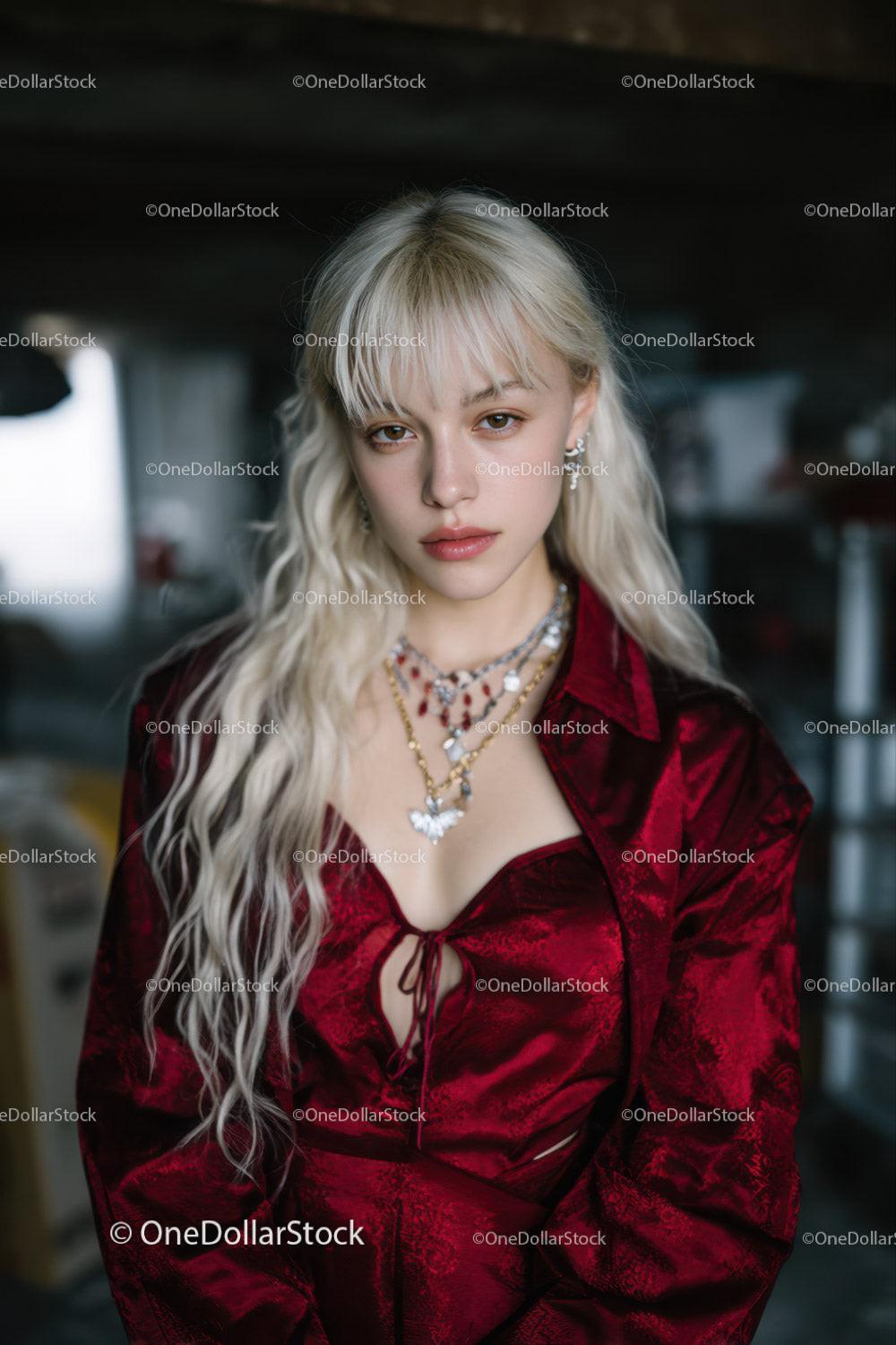 Stylish Young Woman in Red Satin Blouse and Jewelry Photo