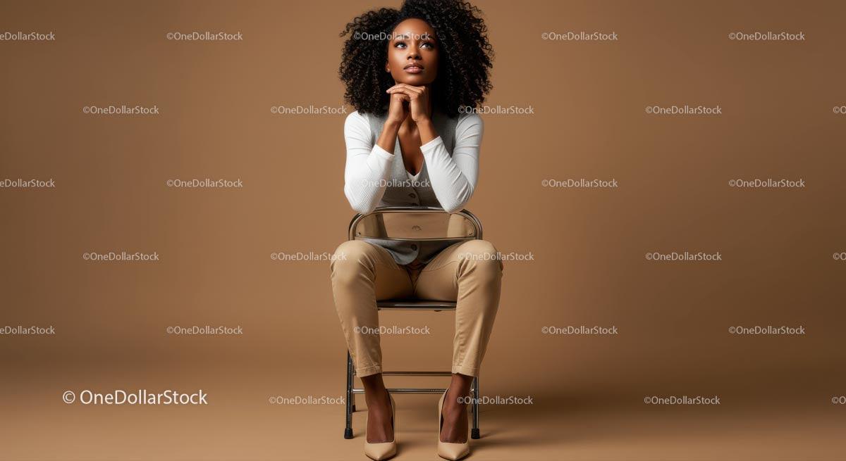 Confident Woman Sitting on Chair in Fashionable Outfit