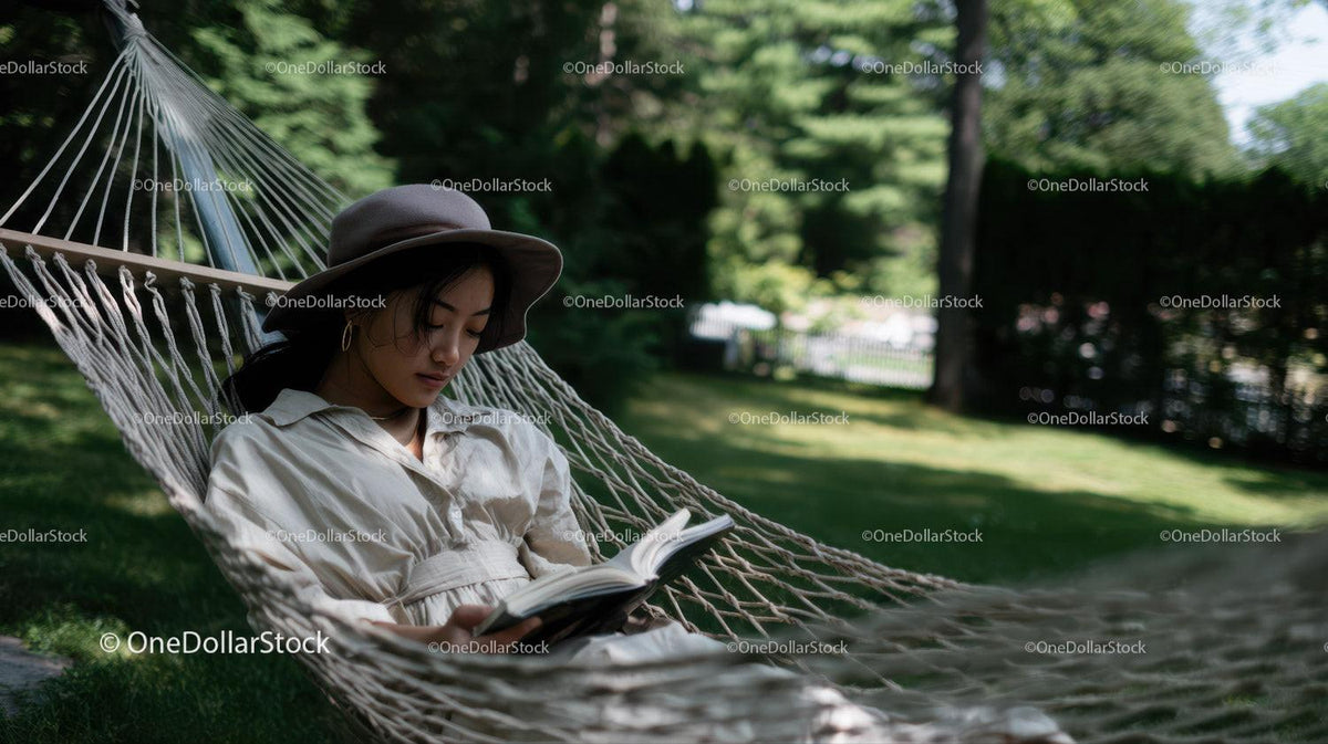 Young Woman Relaxing in Hammock Reading Book in Green Garden