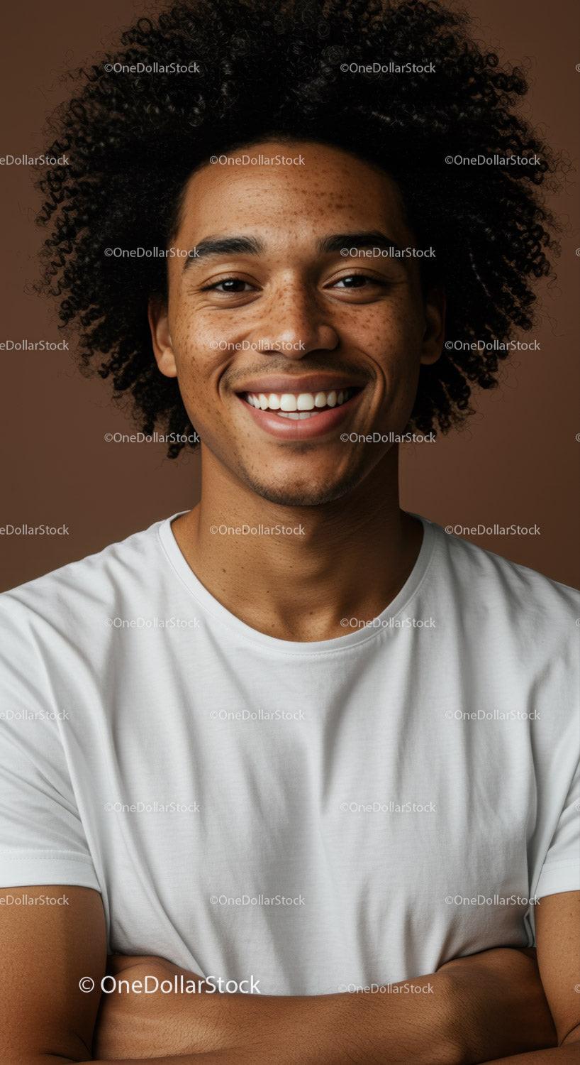 Smiling Young Man with Curly Hair in Casual T-Shirt