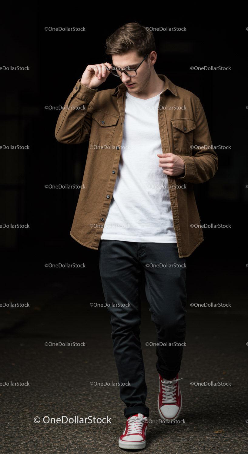 Young man adjusting glasses while walking confidently