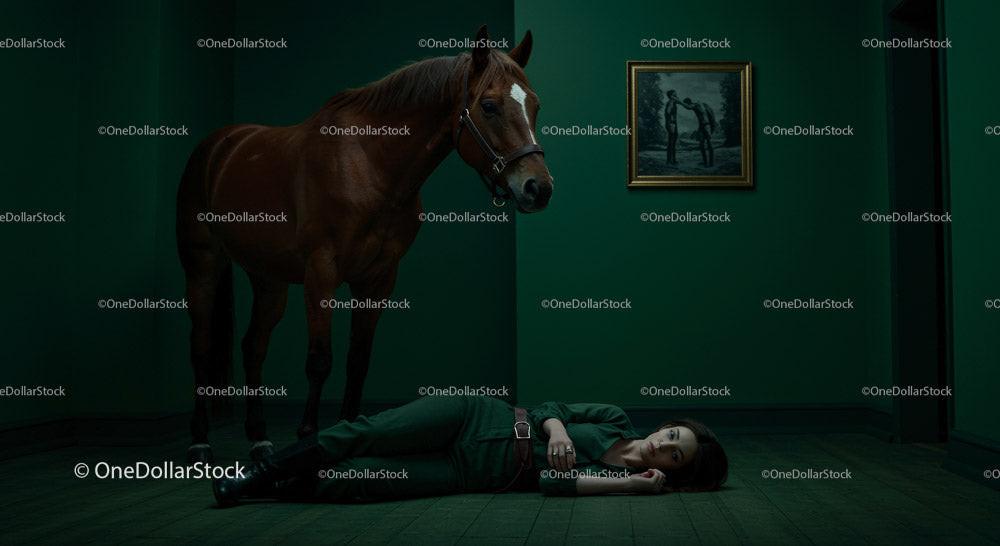 Woman Lying on Floor Beside a Horse in Dramatic Green Room Stock Photo Bundle preview 15