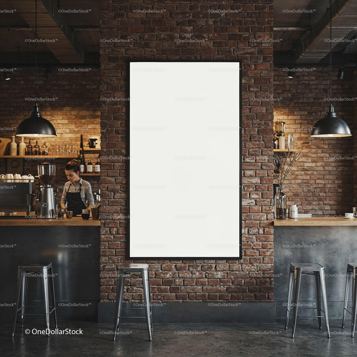 Barista preparing coffee in modern industrial cafe interior JPG Mockup Image preview
