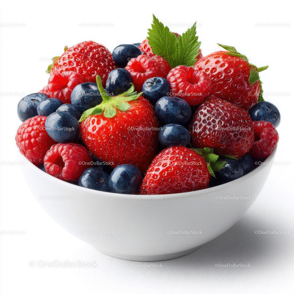 Fresh Mixed Berries in a White Bowl with Green Leaves Stock Photo Bundle preview 14