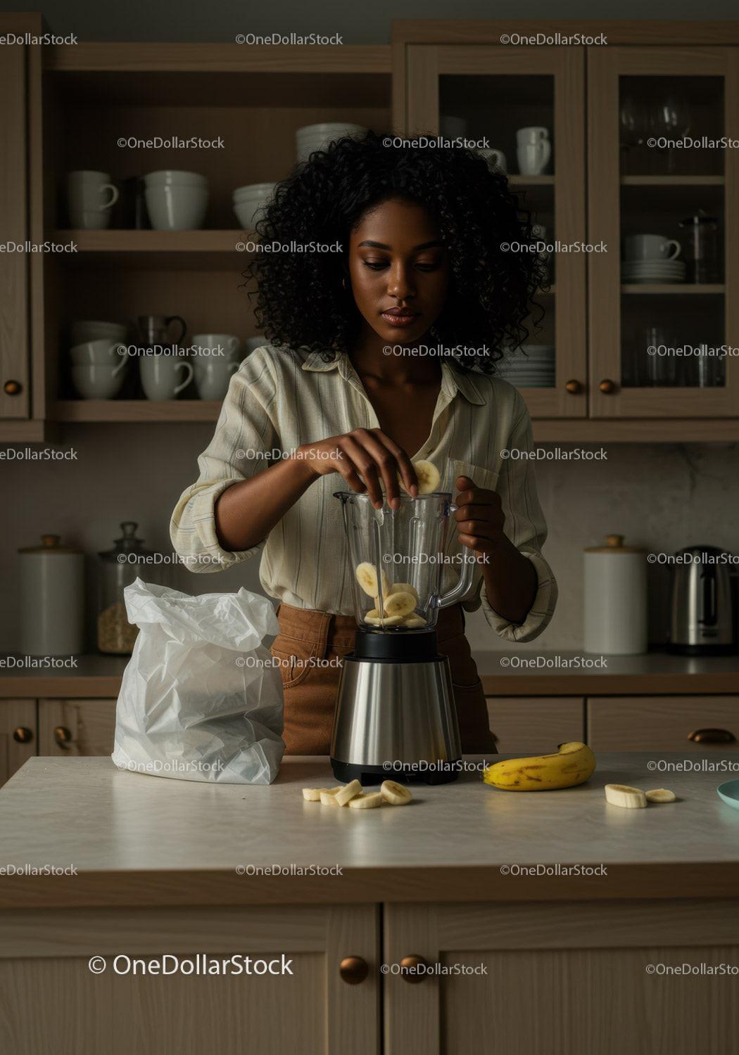Young woman preparing banana smoothie in modern kitchen