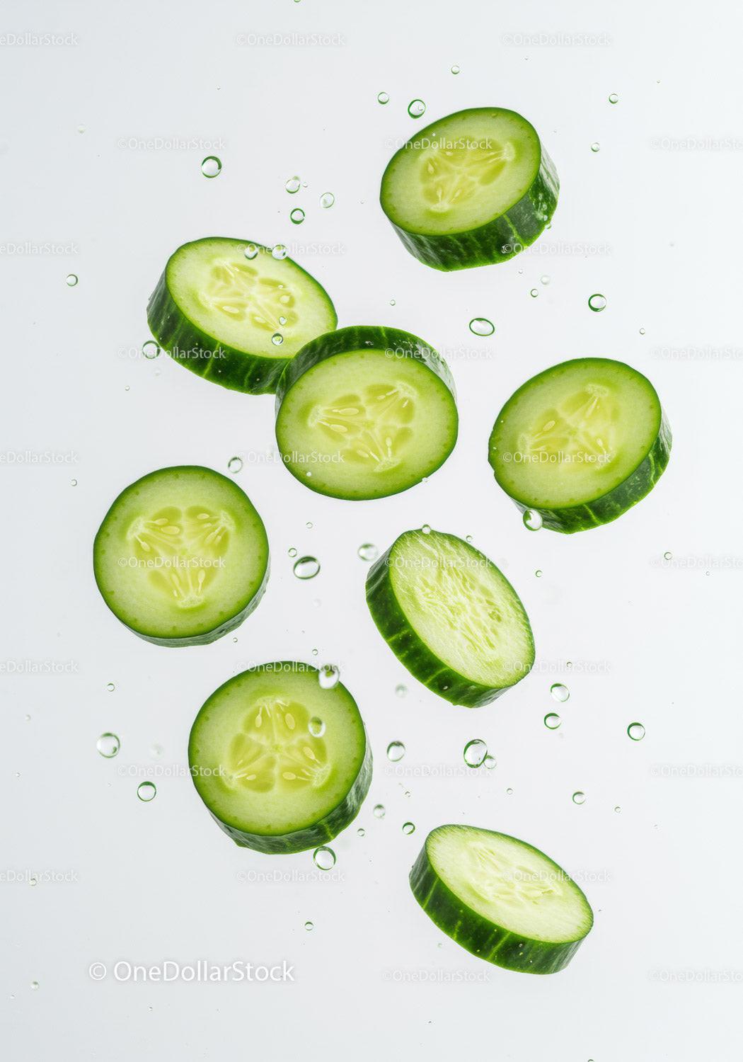 Fresh cucumber slices floating in clear water droplets