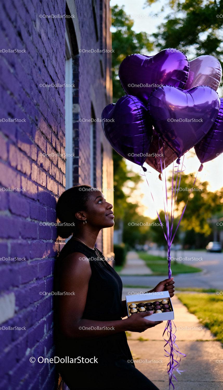 Young woman holding heart balloons and chocolates outdoors