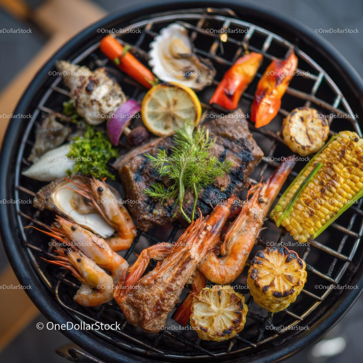 Assorted Grilled Seafood and Vegetables on Barbecue Grill