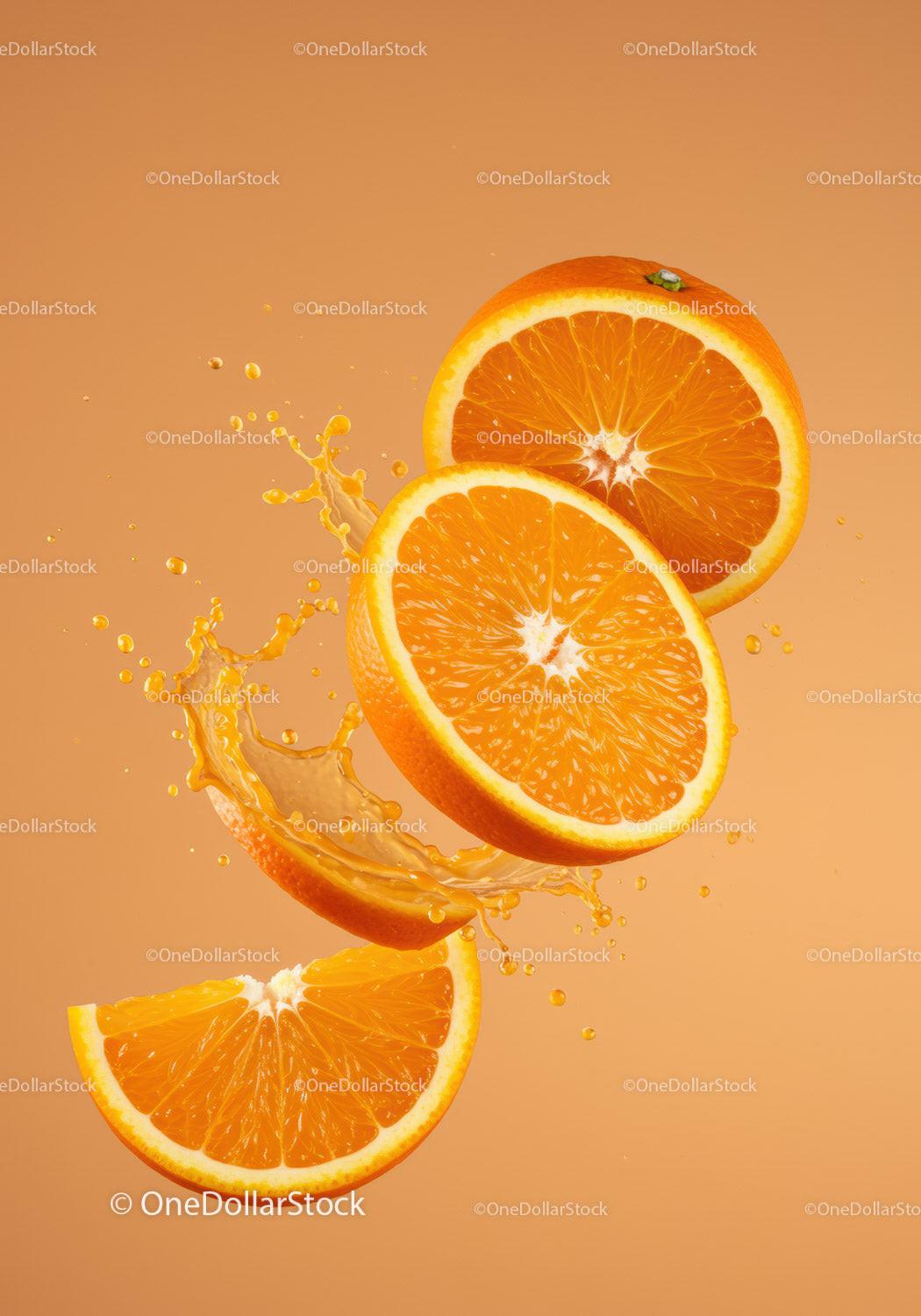 Juicy orange slices splashing vibrant citrus juice