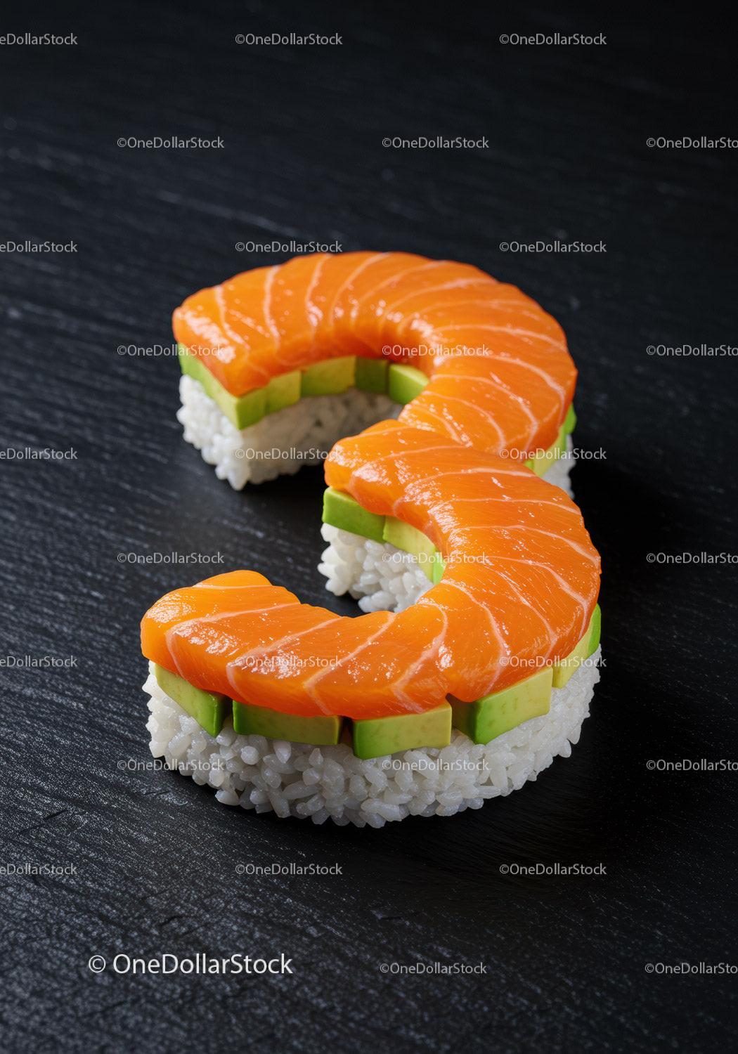 Salmon and Avocado Sushi Shaped as Number Three