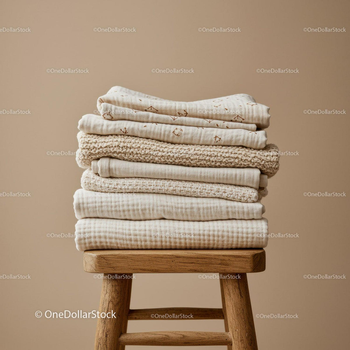 Stack of Soft Beige Textiles on Wooden Stool