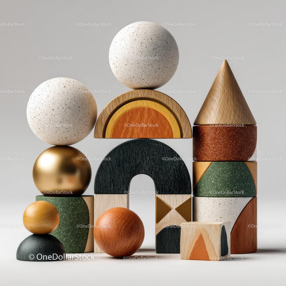 Stacked colorful geometric wooden toy shapes including spheres, arches, cones, and cubes with various textures on neutral background