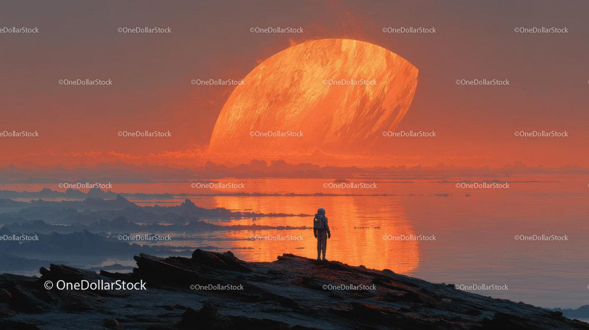 Astronaut Exploring a Surreal Alien Landscape with a Giant Orange Planet Stock Photo Bundle preview 29
