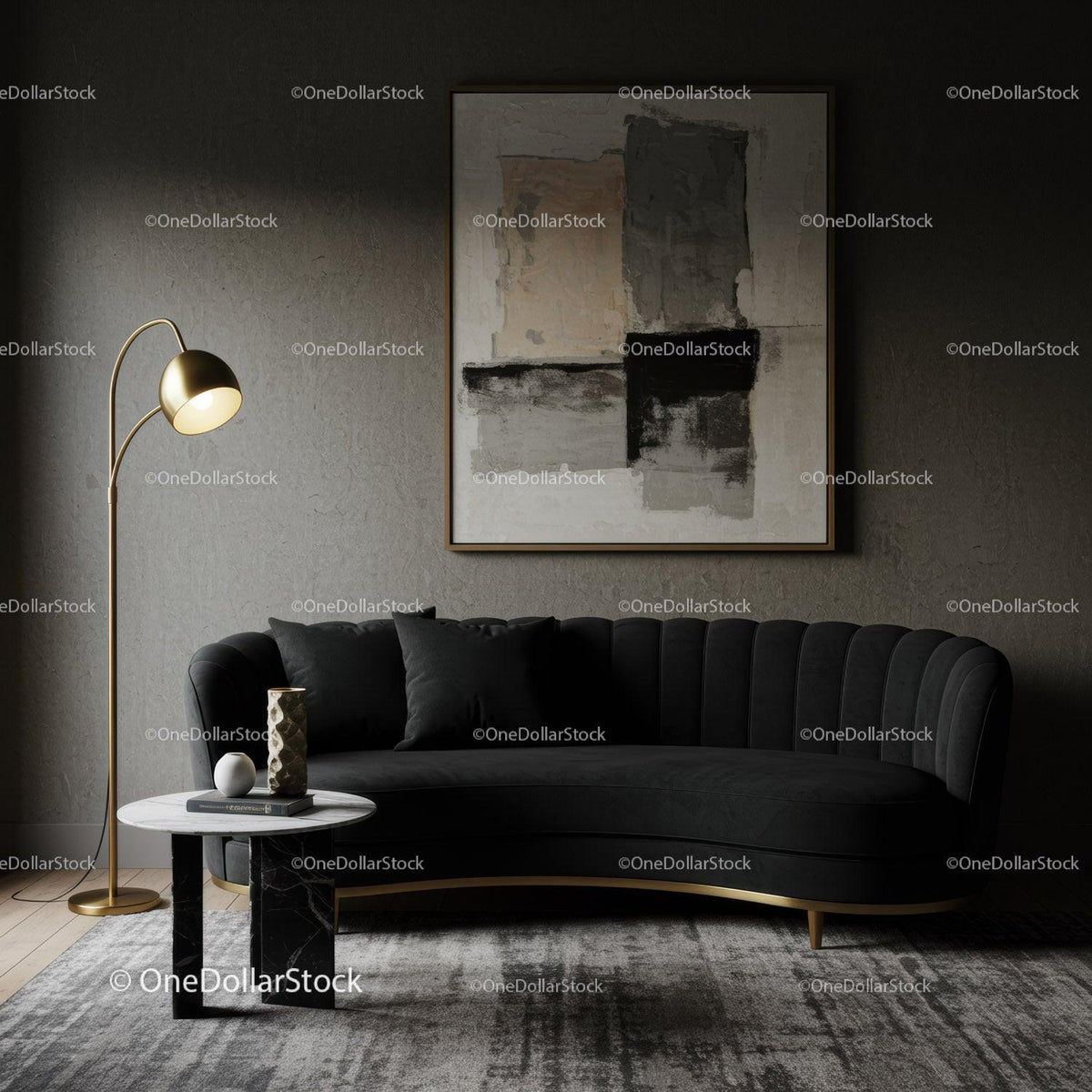 Modern living room with black velvet sofa and gold lamp