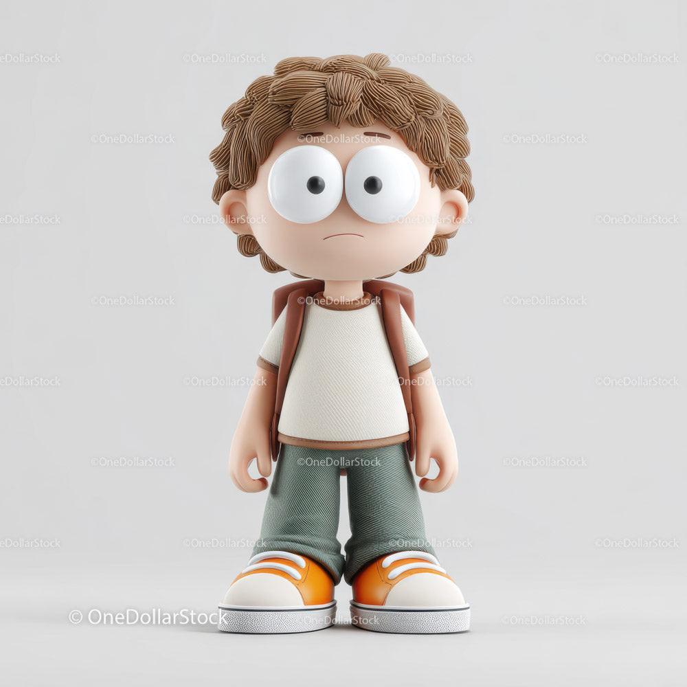 Cartoon boy with brown hair wearing a white shirt, green pants, orange backpack, and orange sneakers standing