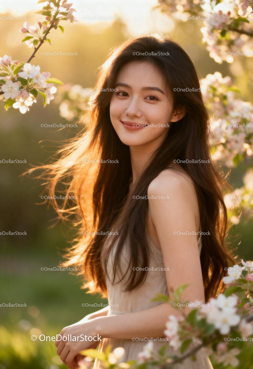 Young woman with flowing hair among spring blossoms