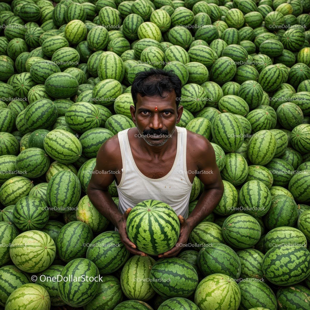 Dedicated Farmer Holding Watermelon Among Abundant Harvest