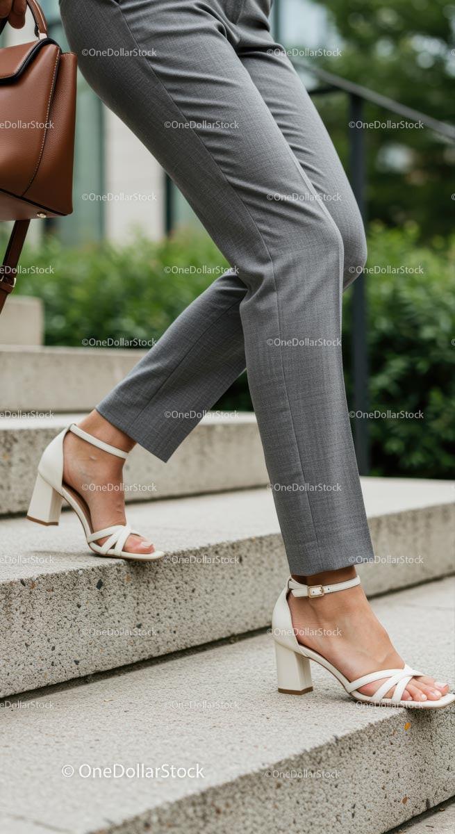 Elegant Woman Walking in Stylish High Heels and Gray Pants