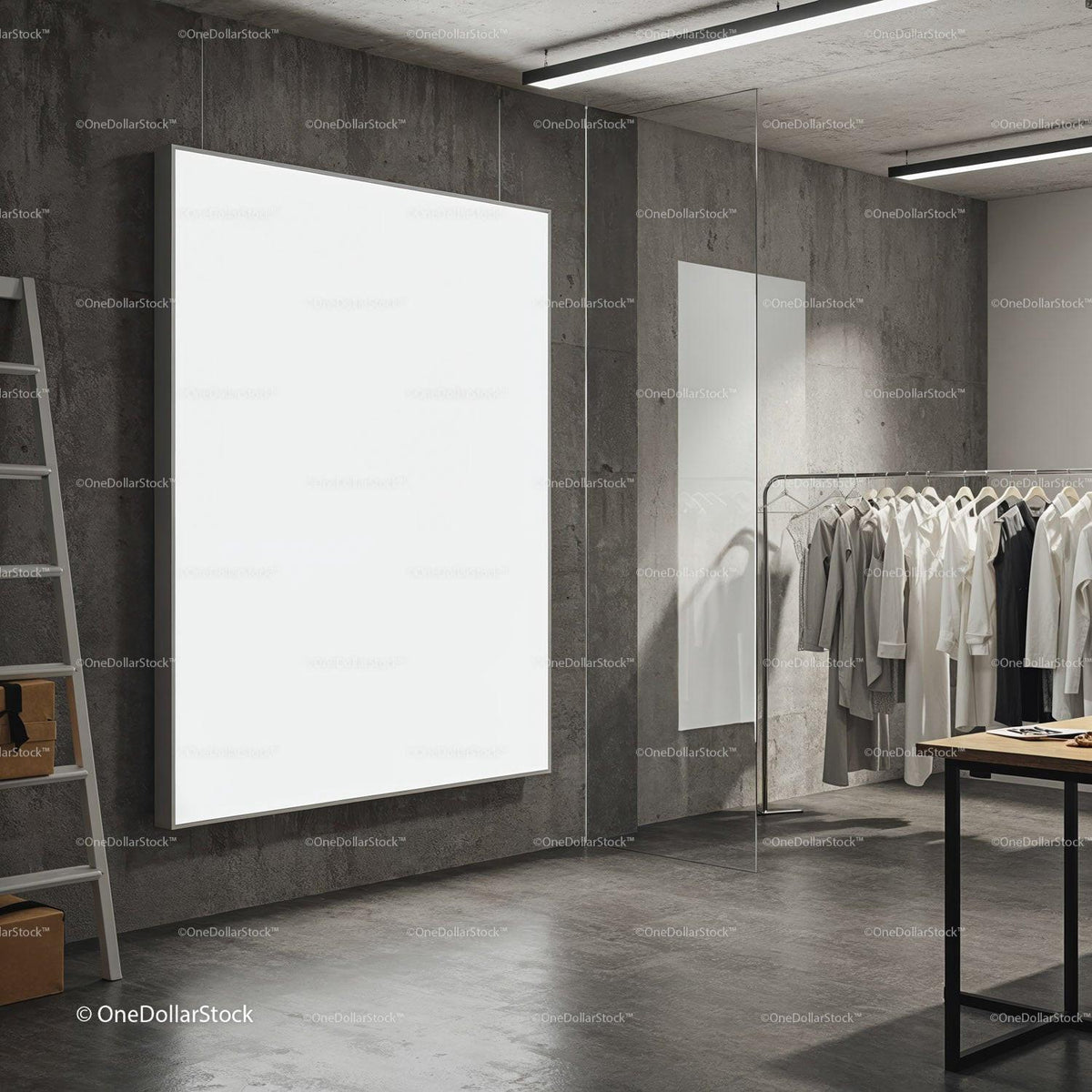 Modern minimalist clothing store interior with blank poster JPG Mockup Image preview