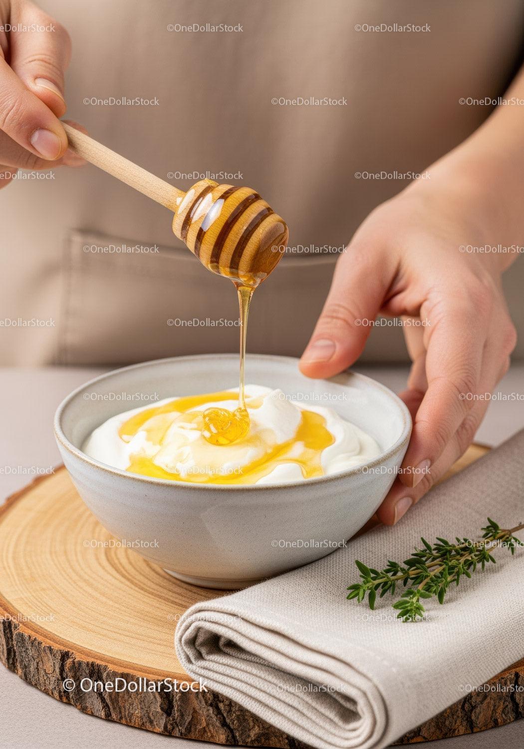 Honey Drizzling Over Yogurt in Rustic Kitchen Setting