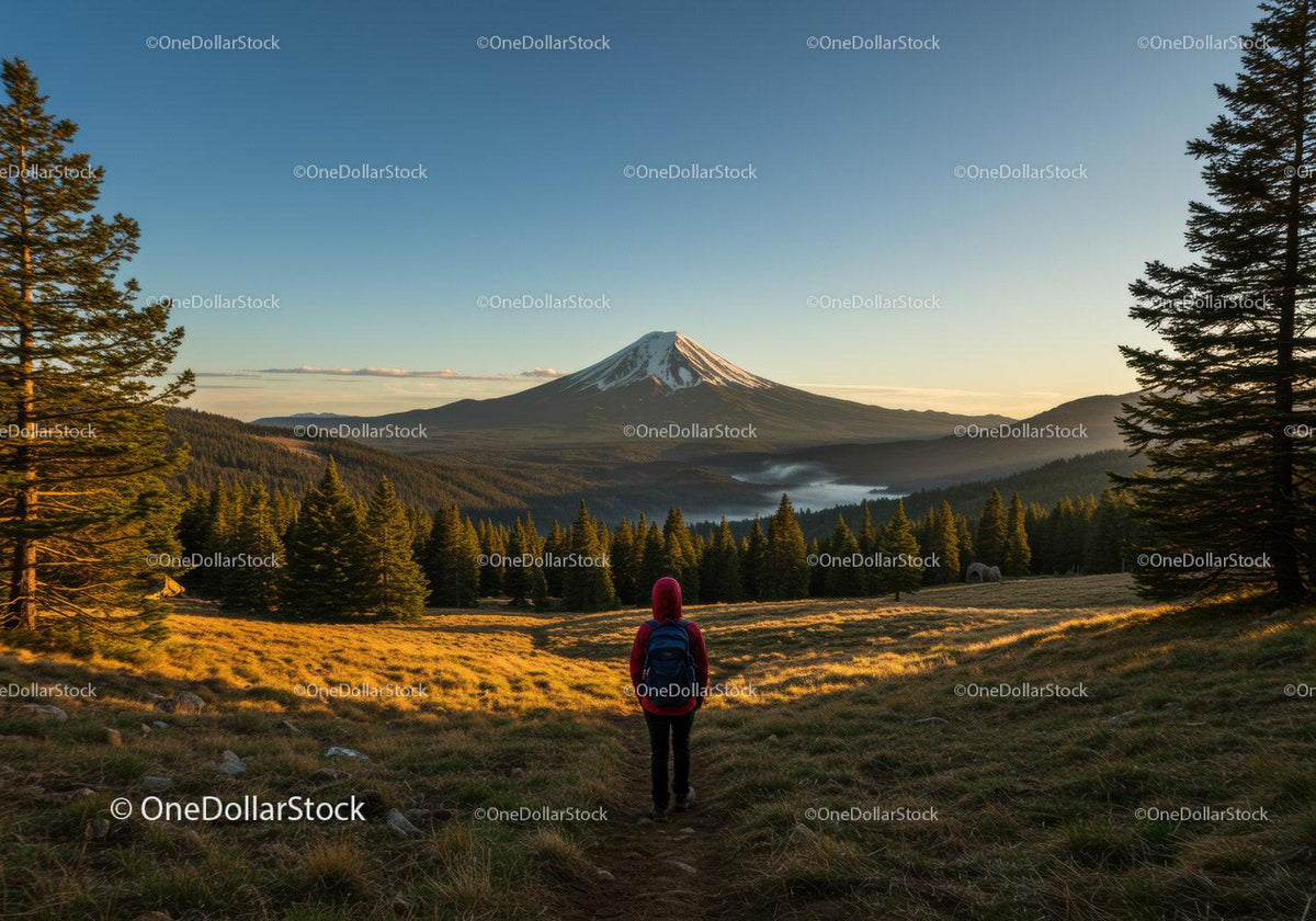Scenic Mountain Landscape with Hiker in Foreground and Snow-Capped Peak