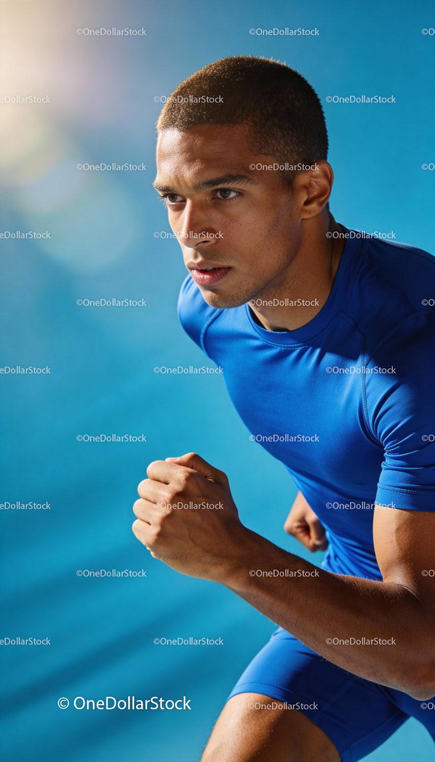 Focused Athlete Sprinting in Blue Sportswear