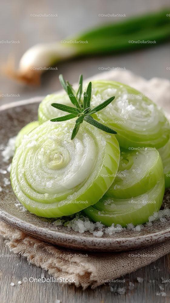 Fresh White Onion Slices on Ornate Blue Plate with Onions in Background Stock Photo Bundle preview 14