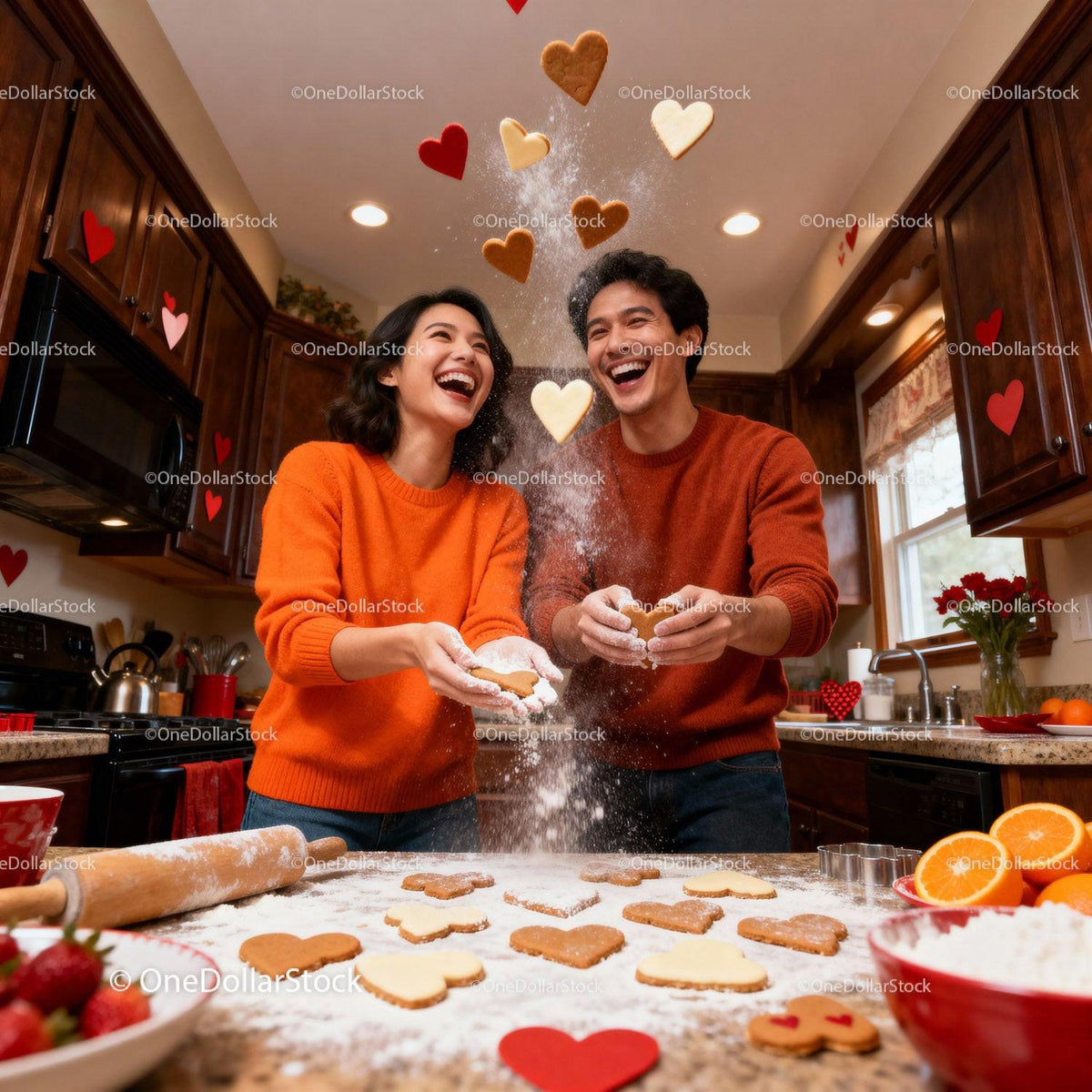 Couple Baking Heart Shaped Cookies in Cozy Kitchen