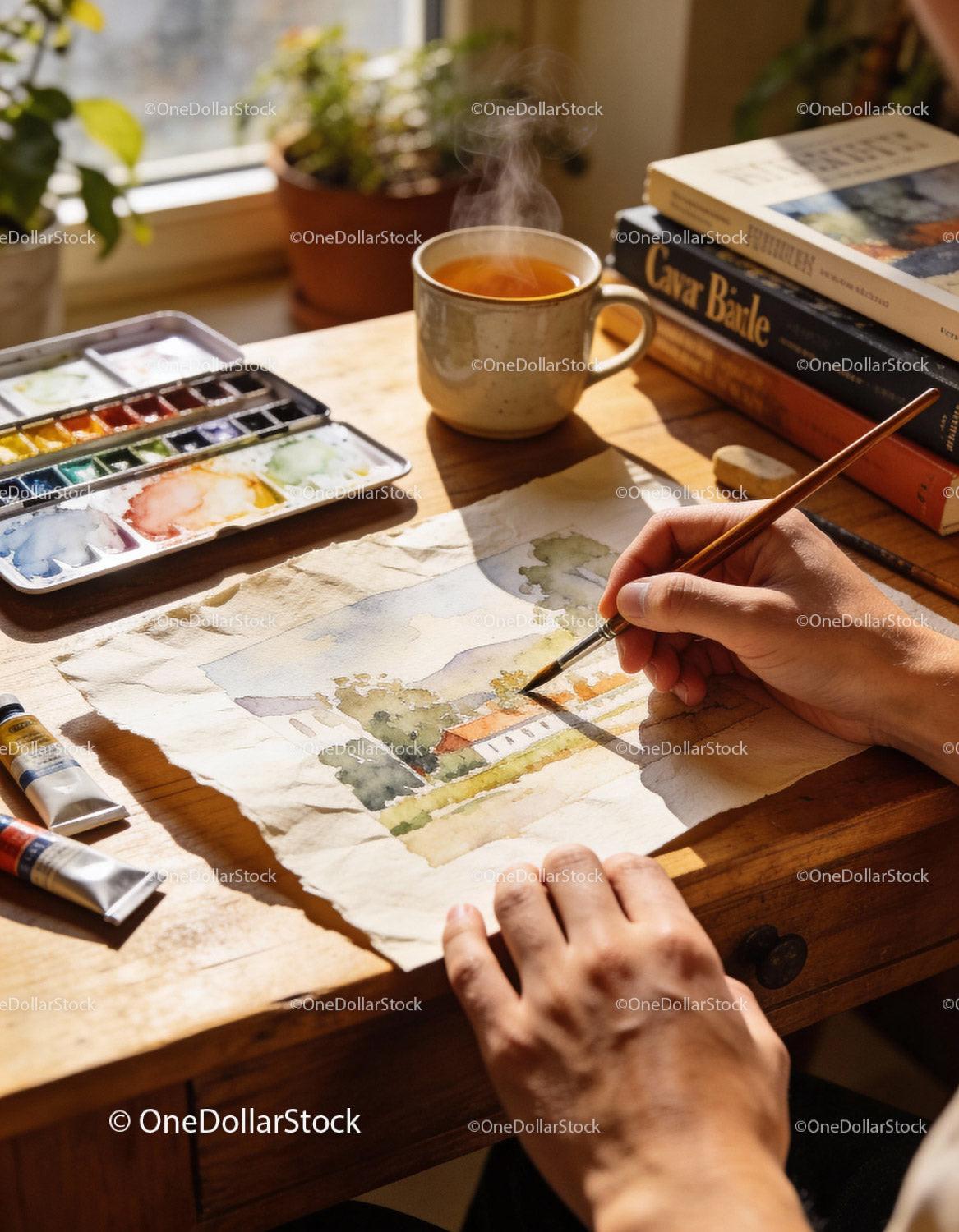 Artist painting a serene landscape with watercolor at desk