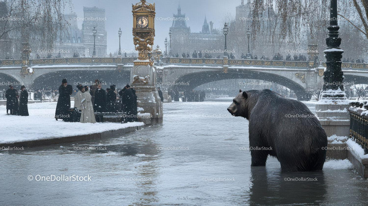 Brown bear standing in river beside stone embankment and clock tower with snowy bridge background