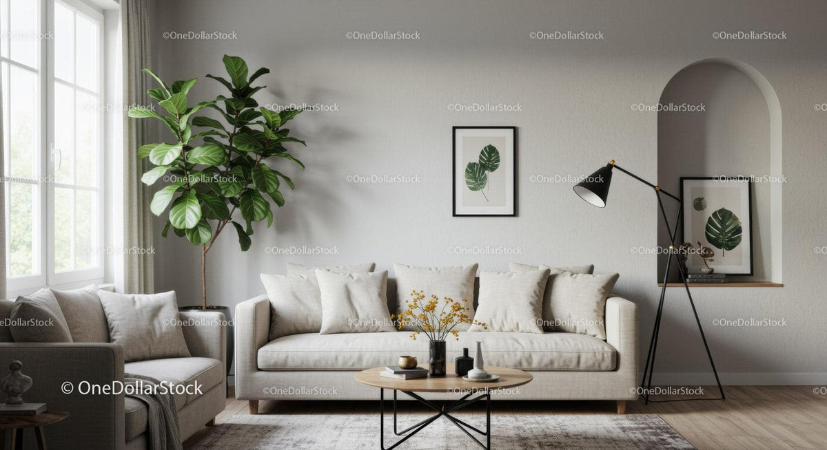 Cozy modern living room with natural decor and greenery