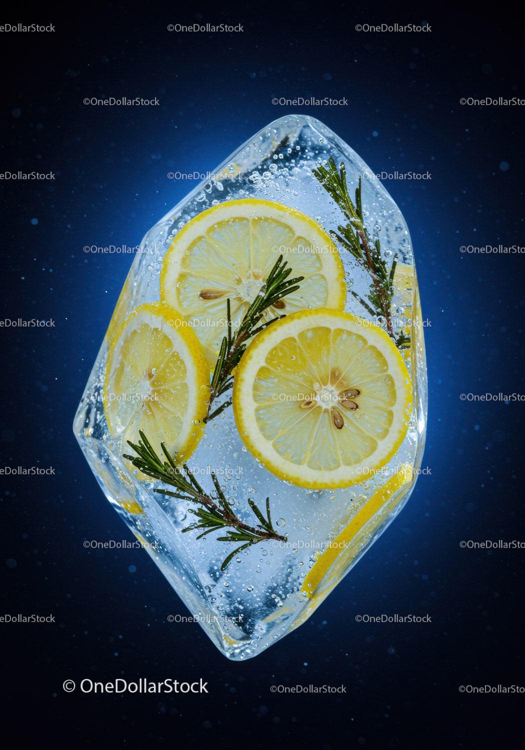 Fresh lemon and rosemary slices frozen in ice cube