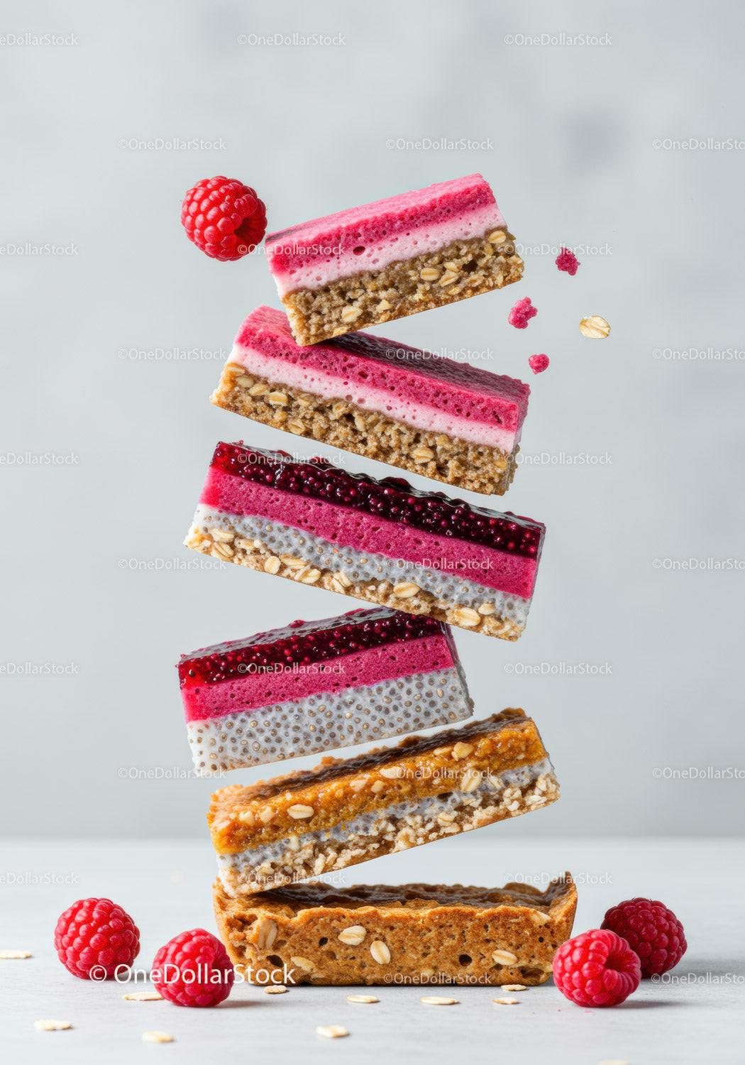 Stack of colorful healthy berry chia seed bars