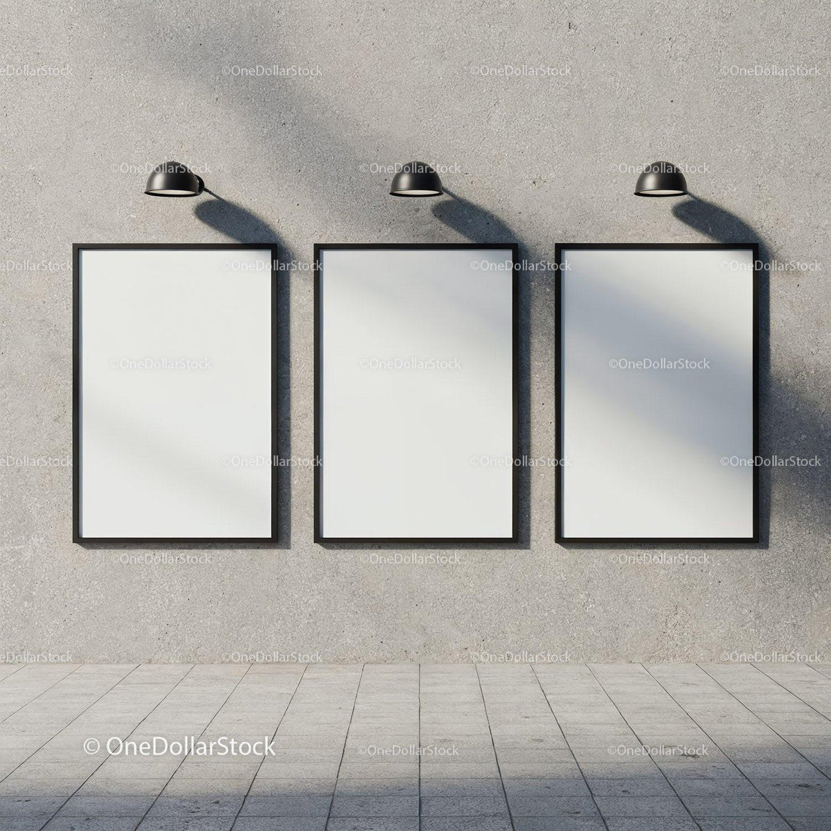 Three blank frames on urban concrete wall under lights JPG Mockup Image preview