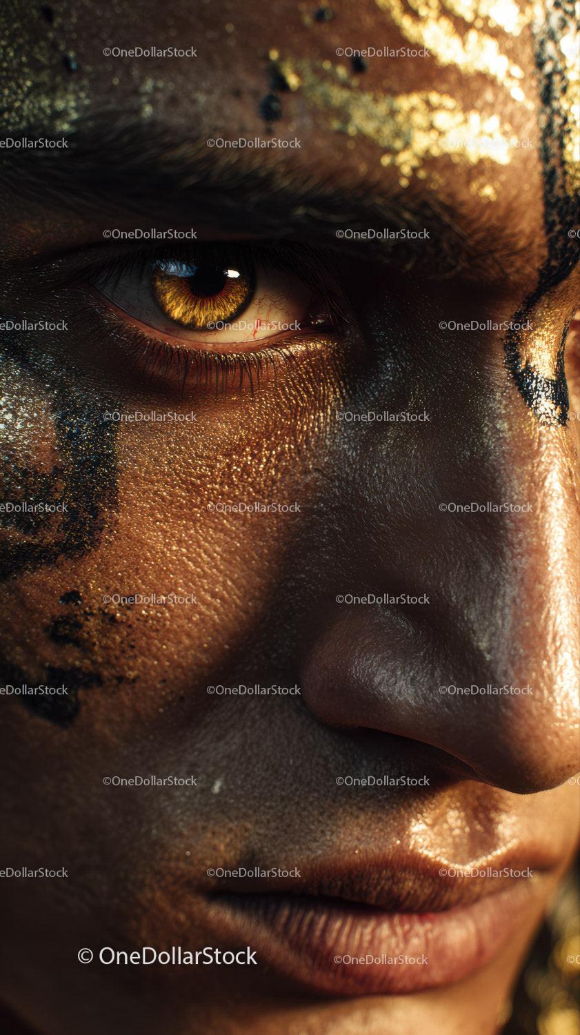 Close-up of An African Tribal Face with Gold Metallic Body Art Stock Photo Bundle preview 35