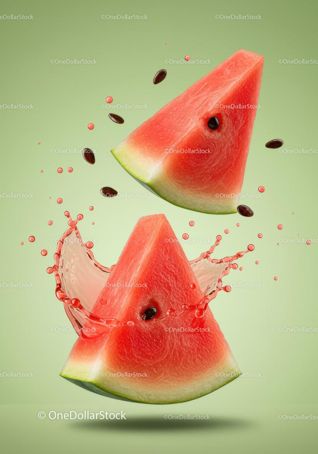 Fresh watermelon slices with juice splash on green