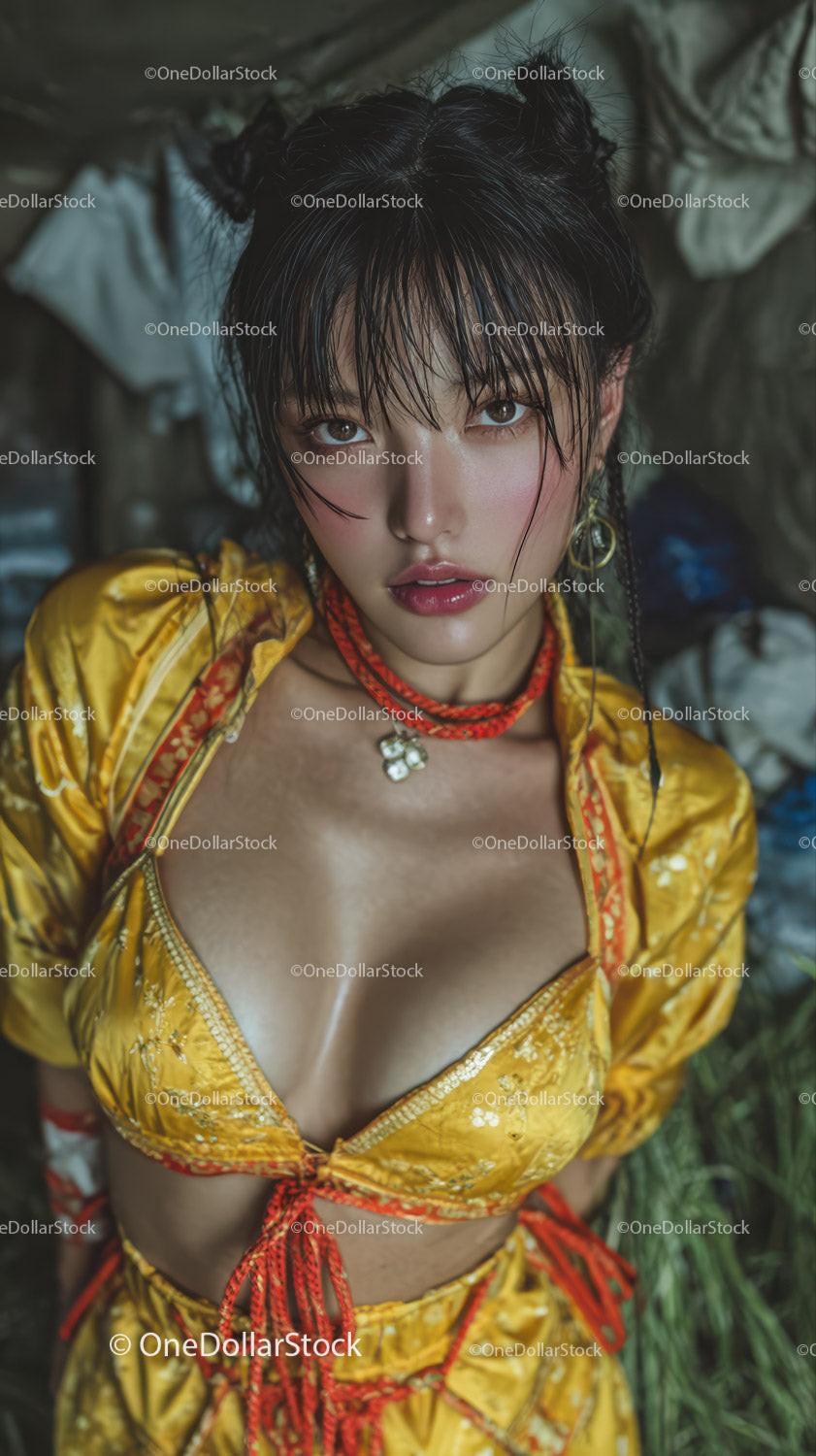 Stylish Young Woman in Yellow Floral Outfit with Wet Hair Outdoors