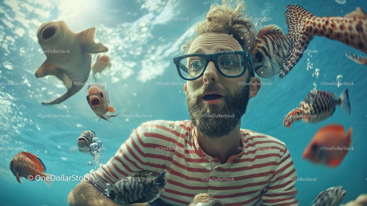 Man underwater in glasses and striped shirt surrounded by colorful fish