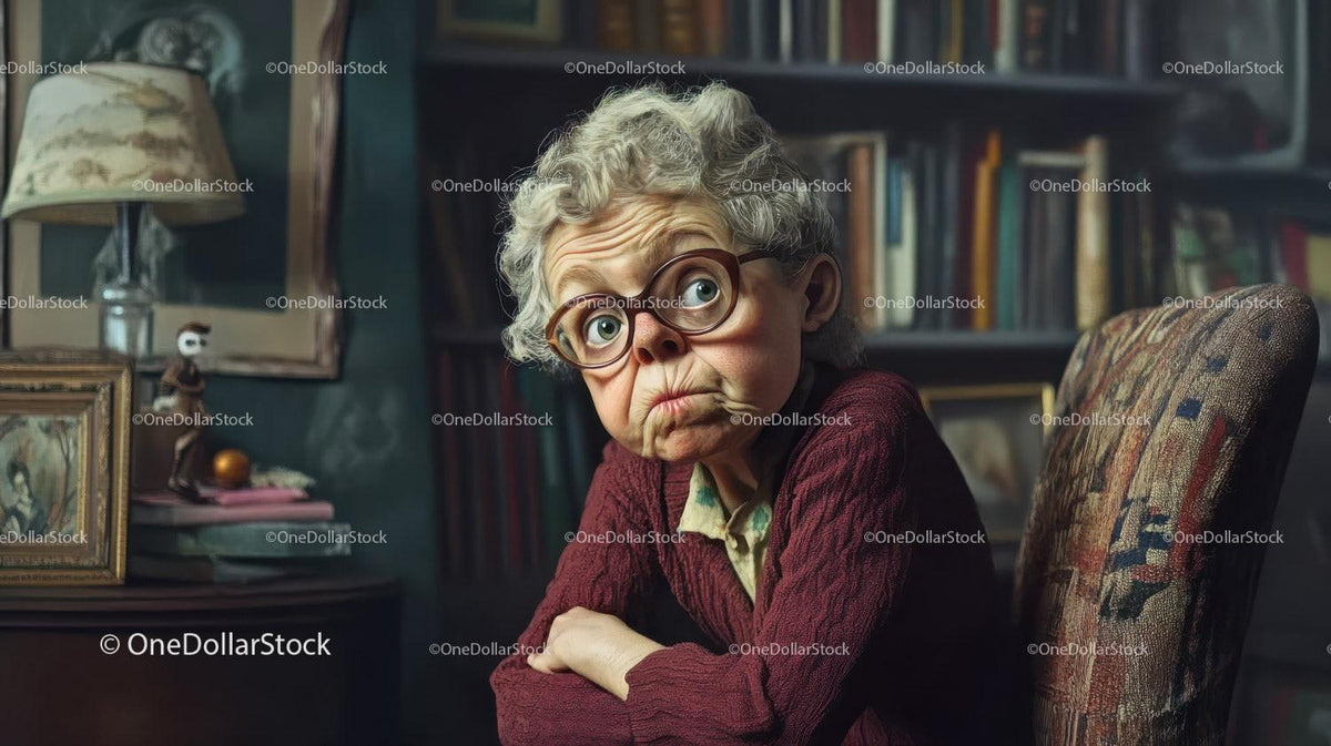 Elderly woman with gray curly hair and glasses sitting indoors with arm crossed in cozy room