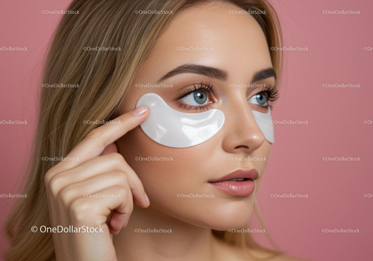 Close-Up of Woman with Blue Eyes Applying Under Eye Patches for Beauty