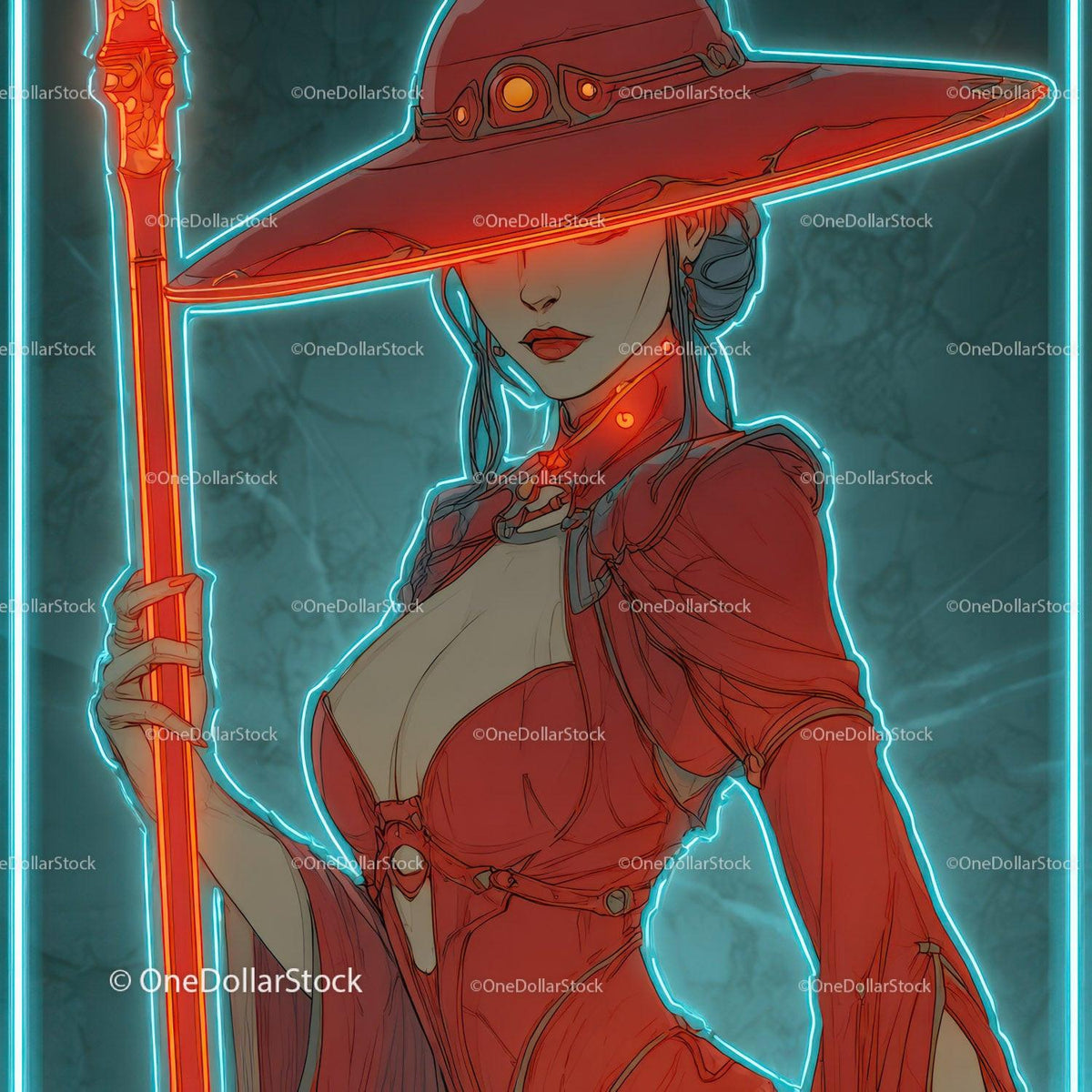 Futuristic Samurai in Neon Red Armor Holding Umbrella Stock Photo Bundle preview 7