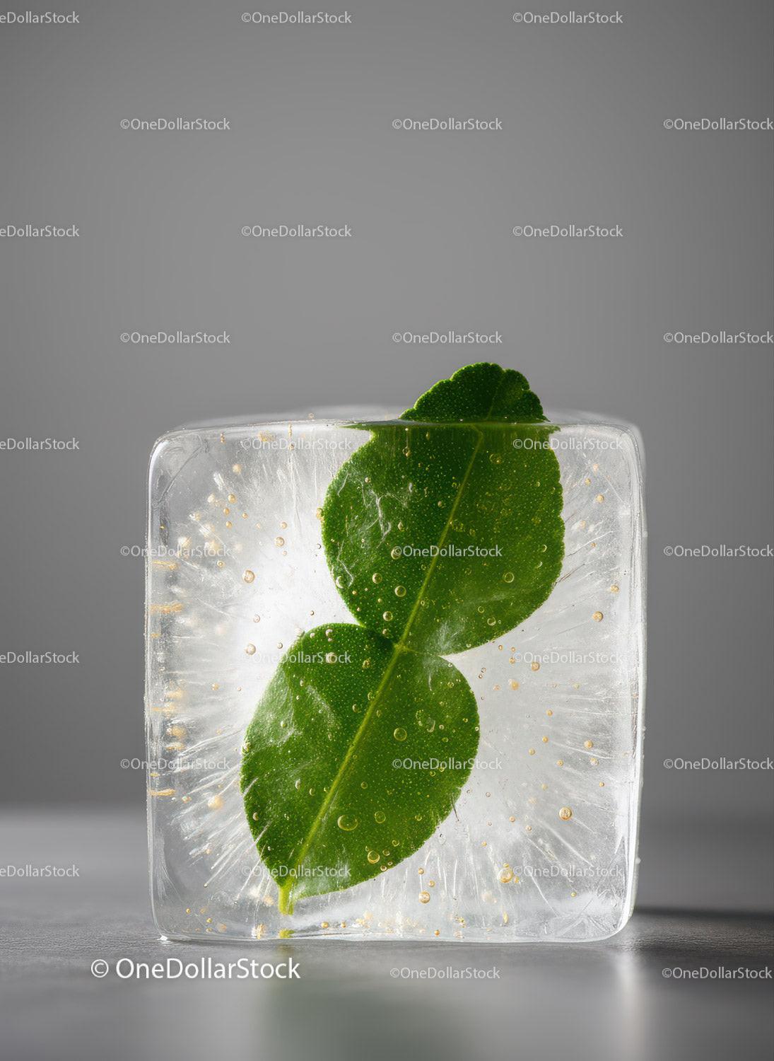 Fresh green leaves frozen inside a clear ice cube