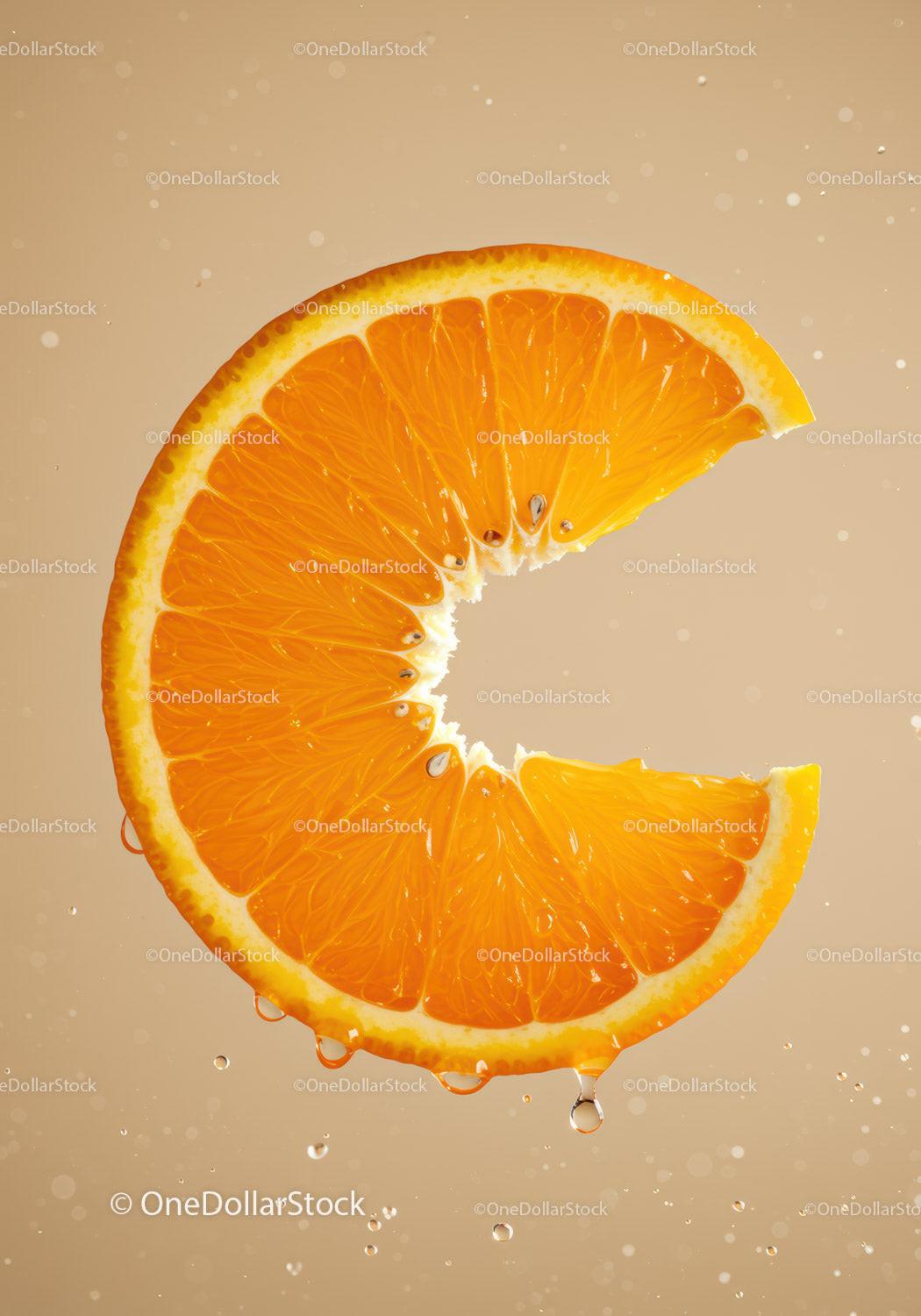 Fresh orange slice dripping with juice on beige background