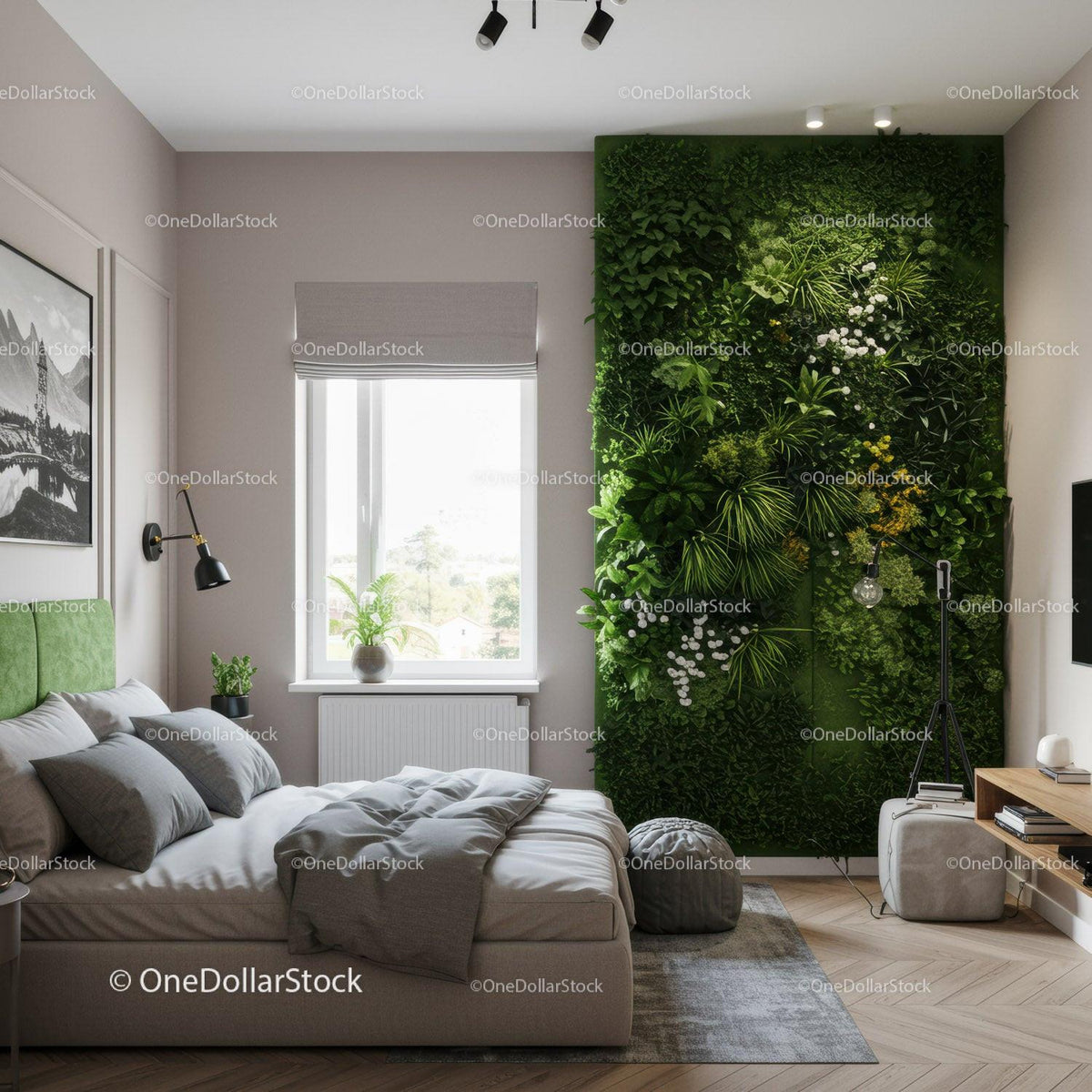 Stylish Bedroom with Vibrant Green Plant Wall and Natural Light